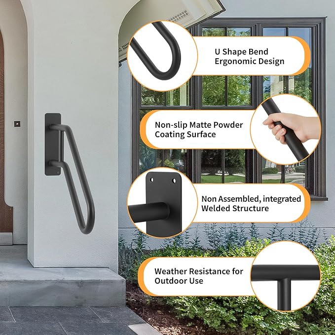 Heavy Duty Black Metal Railing for Outdoor 1-3 Steps, Outside U-Shaped Hand Rails for Seniors, Garage, Front Porch, Garden Steps Rails, Safety Grab Bars for Kids, Pregnant, Elderly or Handicap