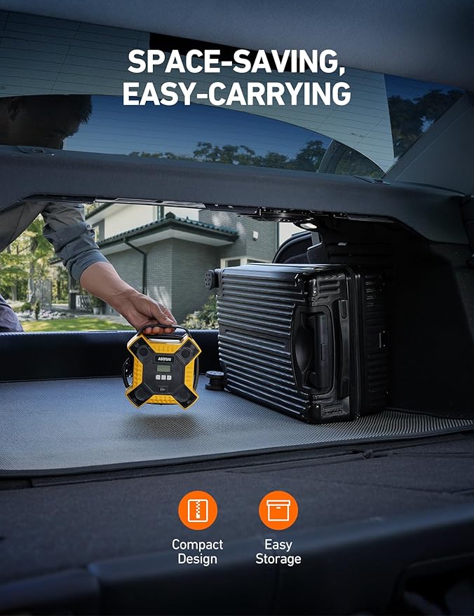 AstroAI Air Compressor Tire Inflator Portable Air Pump for Car Tires, 12V DC Integrated Metal Structure Tire Pump 160PSI with LED Light for Cars, Bicycles, Motorcycles, and Other Inflatables(Yellow)