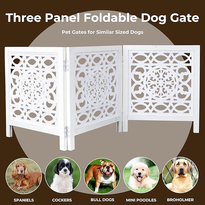 Wooden Freestanding Foldable Dog Gate – 3 Panels, Extra Wide, 24'' Height, Decorative Pet Gate for Doorways, White