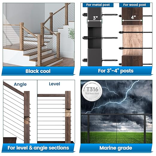 Muzata 60 Pack 1/8" Black Cable Railing Hardware Kit Hand Swage Threaded Stud Tensioner for 4x4 2x2 Wood Metal Post T316 Stainless Steel Deck Cable Railing System CR39