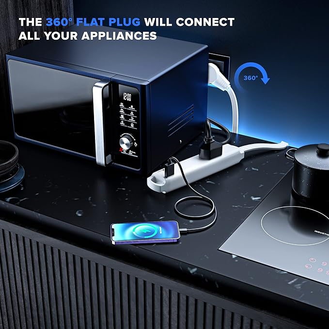 Maximm 3FT Rotating Flat Plug Extension Cord with 3-Outlet and 2 USB Ports, Grounded (White) UL Certified