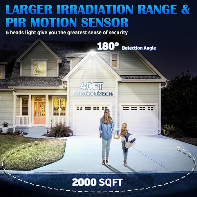 Solar Motion Sensor Flood Lights Outdoor - 496LEDs 3500LM 3 Lighting Modes 3 Levels Brightness, 6 Heads 360° Illumination, IP65 Solar Security Lights,for Porch Yard Patio Garage (2Pack)
