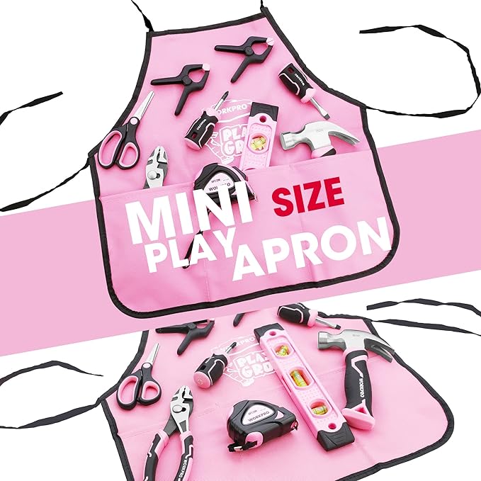 WORKPRO Pink Real Tool Set for Kids with 12 Inch Mini Steel Tool Box with Wheels, 10PCS Kids Real Tools with 2 Drawers Desk Metal Rolling Tool Chest, Children's Tool Kit for Home DIY- Pink Ribbon