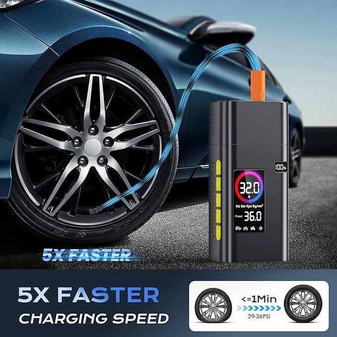 180PSI Tire Inflator Portable Air Compressor, 26000mAh Portable Tire Inflator for Car,5X Fast Electric Bike Air Pump with Digital LCD Pressure Gauge/LED Light/Power Bank, Bike, Motorcycle, Ball