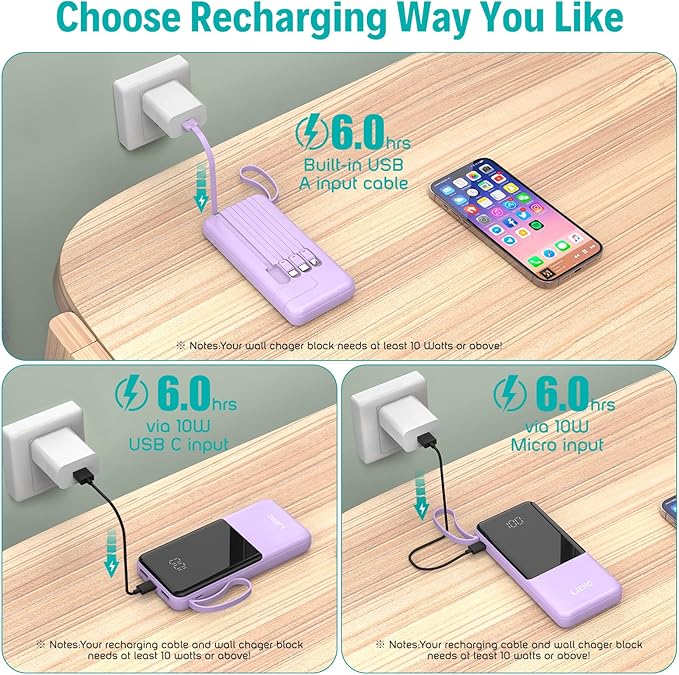 Portable Charger with Built in Cables,10000mAh Slim USB C Power Bank,5 Output 3 Input LED Display High Speed External Battery Pack Travel Phone Charger for iPhone Samsung Pixel LG Moto iPad,Purple