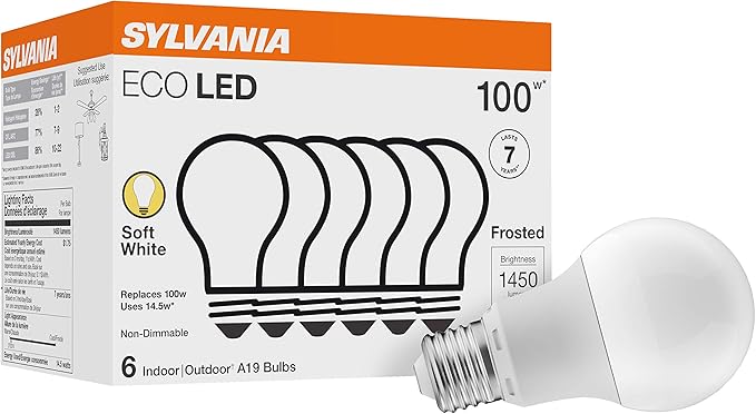 Sylvania LED A19 Light Bulb & Sylvania ECO LED A19 Light Bulb, 100W Equivalent, Efficient 14.5W, 7 Year, 1450 Lumens, Non-Dimmable, Frosted, 2700K, Soft White - 6 Pack (40885)