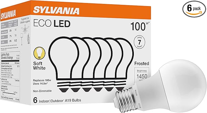 SYLVANIA ECO LED A19 Light Bulb, 100W Equivalent, Efficient 14.5W, 7 Year, 1450 Lumens, Non-Dimmable, Frosted, 2700K, Soft White - 6 Pack (40885)