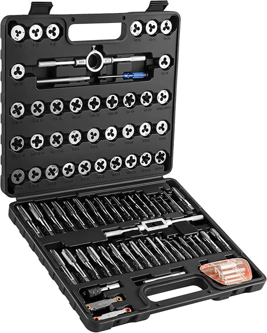 84pc Tap and Die Set in SAE & Metric Sizes, Standard Tap Set and Die Tool Set for Threading and Rethreading Internal and External Threads, M3-M12 Thread Repair Kit