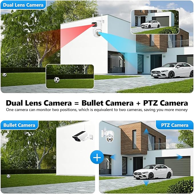 Dual Lens Linkage 8MP Pan/Tilt WiFi PTZ Security Camera Outdoor, Auto Tracking, Human Detection, Light Alarm, Color Night Vision,Siren, Plug-in Cable,2.4G WiFi,SD Card Slot with TF64G Card
