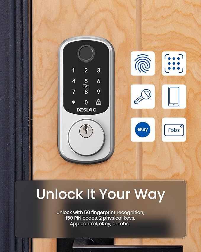 DESLOC Smart Door Lock B200, Smart Deadbolt Lock, Keyless Entry Door Lock, Fingerprint Deadbolt Smart Lock, Smart Locks for Front Door, App Control, Touchscreen Keypad Deadbolts,12-Month Battery, IP54