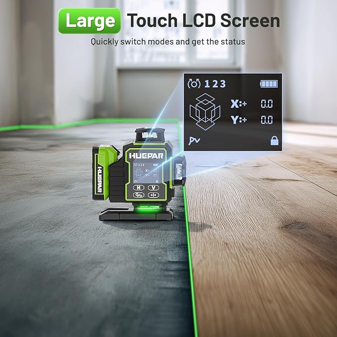 Huepar W04CG 4D Bluetooth Self Leveling Laser Level with Receiver, Up to 400ft Long Distance or Outdoor, 4x360° Green Beams for Construction, Tiling, Framing, Drop Ceiling, Floor Installation