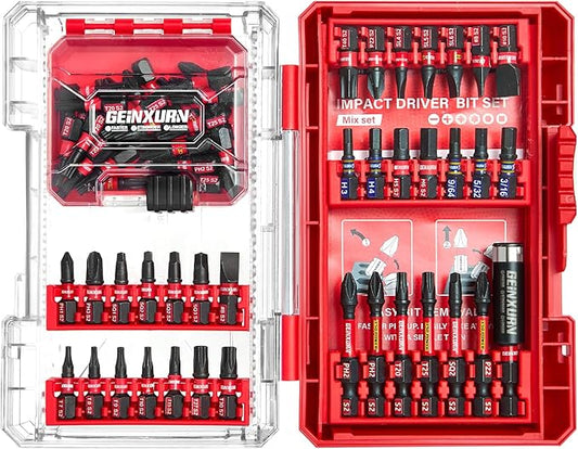65Pieces Impact Screwdriver Bits Set, Magnetic S2 Steel Phillips/Slotted/Square/Torx Insert Power Bits Tips, Impact Bit Holder with Red Storage Box Case