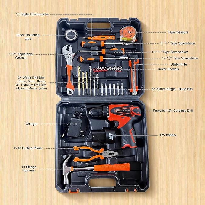 Tool Kit for Home,12V Cordless Power Drill Combo Home Tool Set-Portable Basic General Household Toolbox for Men Women,It also includes common tools such as hammers, wrenches and screwdrivers