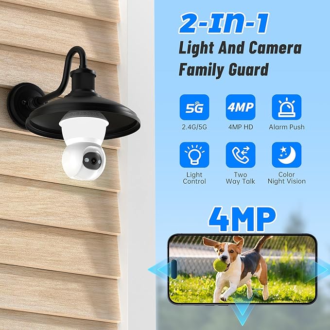 Smart Light Bulb Security Camera, 2-in-1 Bulb Cameras with LED Light,No Wiring,No Drilling WiFi Light Bulbs Camera Outdoor Cameras for Home Security,Night Vision, AI Human Detection,2-Way Audio