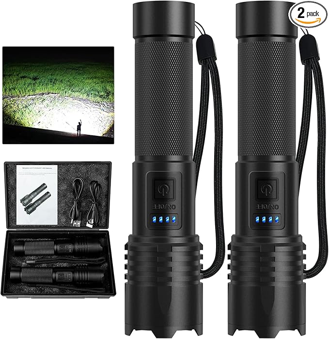 LED Flashlights High Lumens Rechargeable, High Lumens Super Bright Flash Light Brightest Flashlight, 3 Modes IPX7 Waterproof, High Powered Tactical Flashlights for Camping Emergencies (2 Pack)