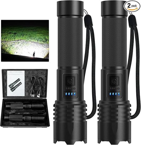LED Flashlights High Lumens Rechargeable, High Lumens Super Bright Flash Light Brightest Flashlight, 3 Modes IPX7 Waterproof, High Powered Tactical Flashlights for Camping Emergencies (2 Pack)