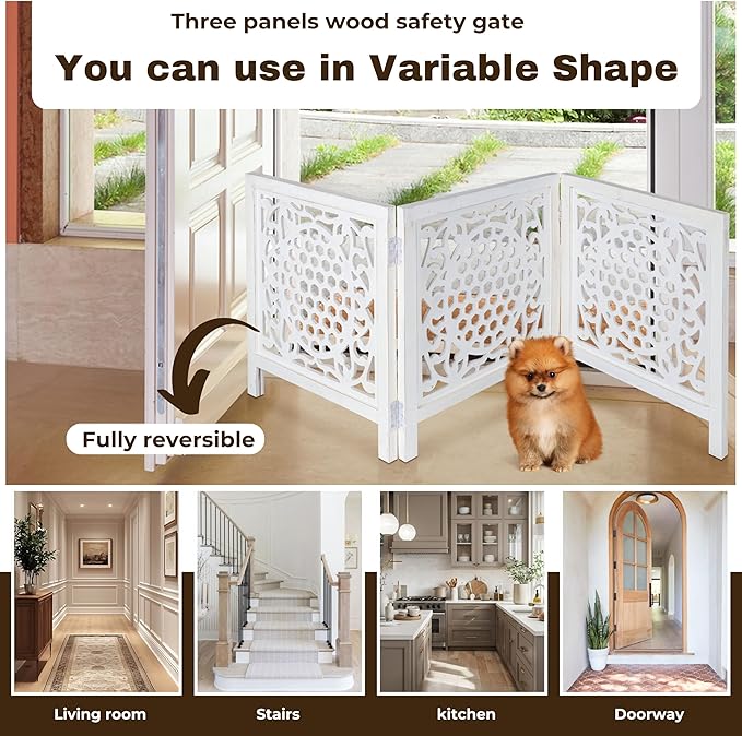 Bedding Craft Wooden Dog Gate 20" Wide x3 Panels,Color White, Total 60 inch Wide, Foldable Free Standing Dog Gate Indoor,Dcorative Gates Doorways, 3 Panels Pet Gate Extra 24" Height
