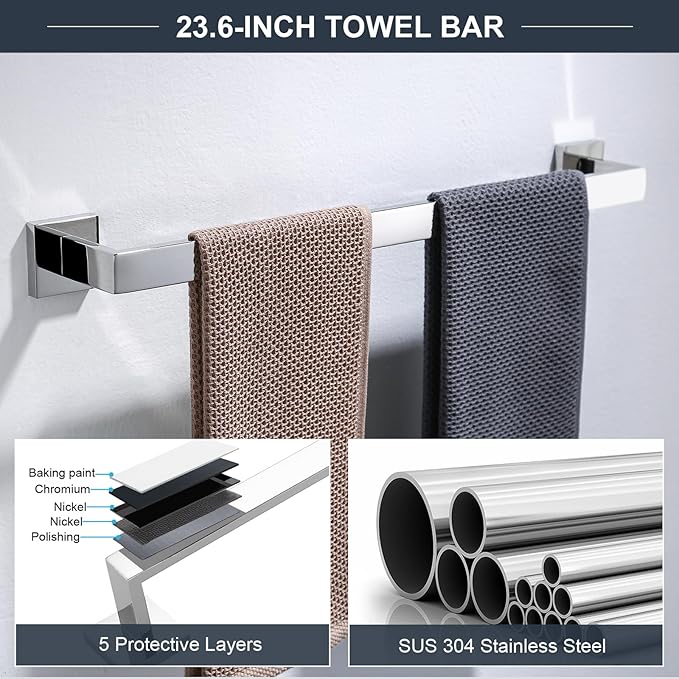 TQKAG 6-Piece Bathroom Towel Bar Sets Polished Chrome 23.6 inch Towel Bar Stainless Steel Towel Ring Coat Hook and Toilet Paper Holder Bathroom Hardware Set Wall Mounted Bathroom Accessories Kit