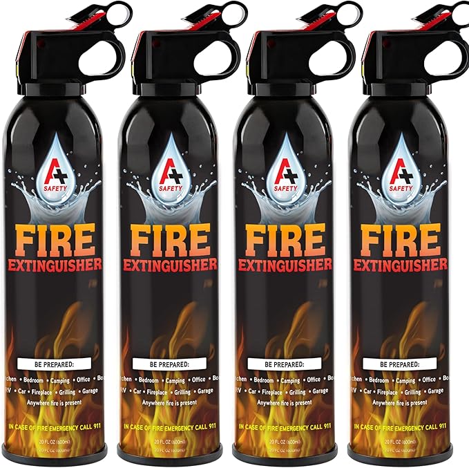 A+ Safety Portable Fire Extinguisher | 6-in-1 Small Fire Extinguisher for Home, Garage, Kitchen, Car | For Electric, Textile and Grease Fires | Non-Toxic, Easy Clean | Wall Mount Incl (4PK)