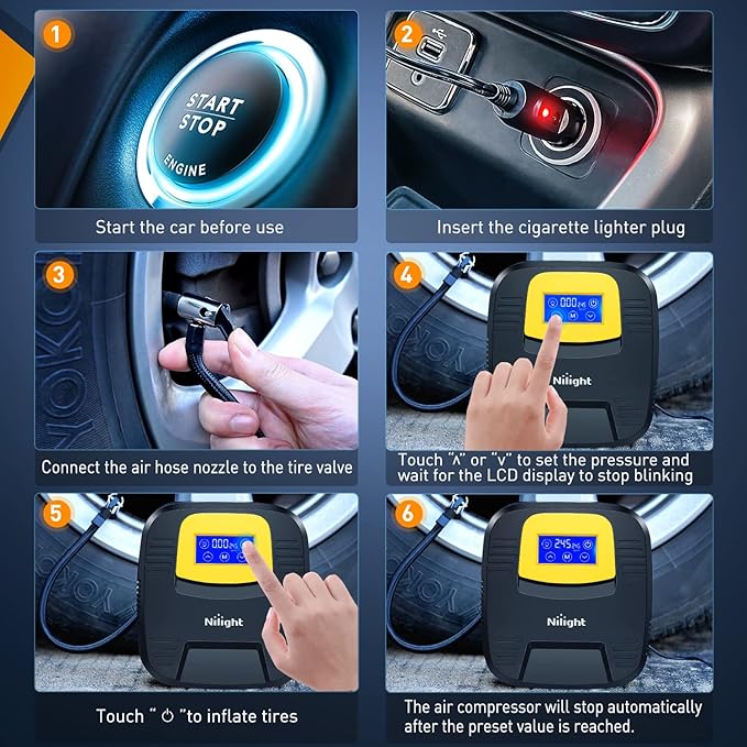 Nilight Tire Inflator Air Compressor Portable Pump for 12V DC Car Tires with Digital Pressure Gauge 150PSI Auto LED Light Cars ATVs Bicycles