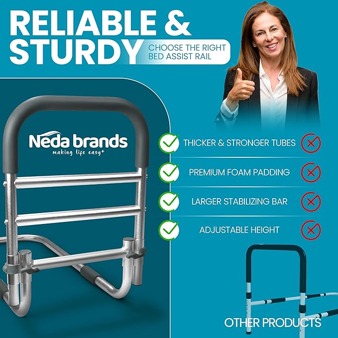 NEDA Adjustable Bed Rails for Elderly Adults – Medical Bed Assist Handle, Safety Support Rail for Seniors, Bedside Rail for All Bed Sizes, with Storage Bag ASTM F3186-17 & 16 CFR 1270 CPSC Certified