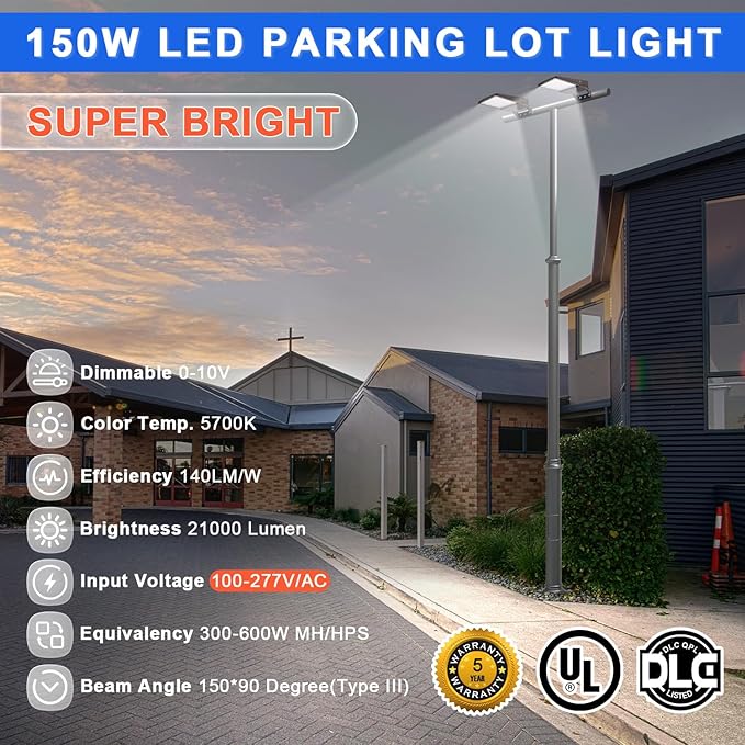 150W LED Parking Lot Light, 21000LM(140lm/w) LED Shoebox Area Light(600W HID/HPS Equivalent), 5700K Dimmable Outdoor Commercial Street Lighting -10KV Surge Protection IP65 100-277V UL DLC Listed