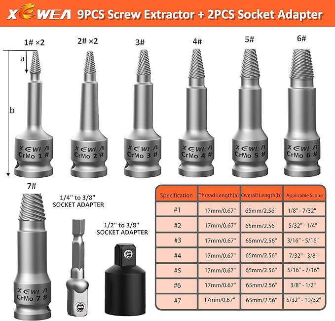 XEWEA 11PCS 3/8" Inch Drive Screw Extractor Set with Adapters, Upgrade Multi-Spline Easy Out Stripped Screw Remover Kit, 2-in-1 EZ Out Tool for Removing Rusted, Frozen or Broken Studs, Bolts, Screws