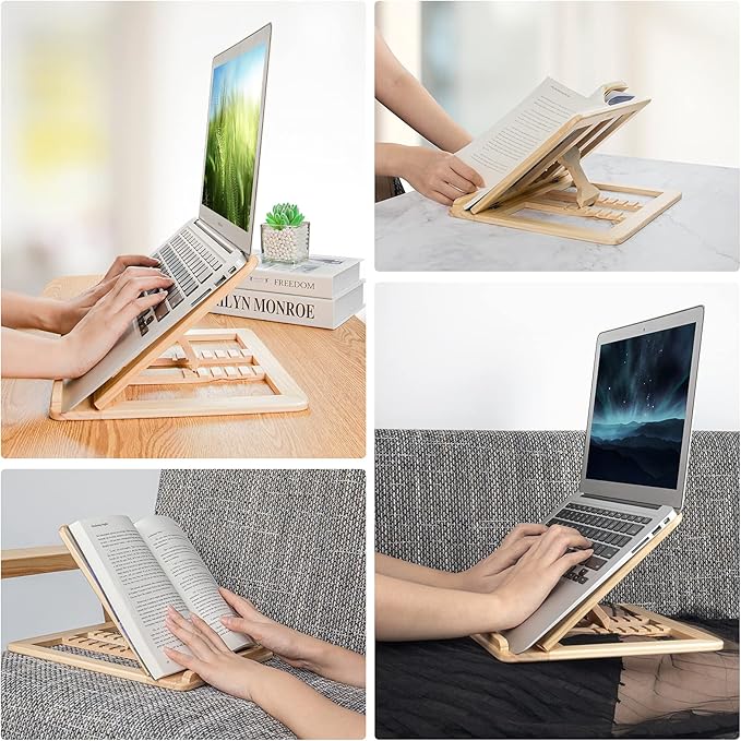 Wooden Laptop Stand for Desk with Free Phone Holder, Foldable and Adjustable Ergonomic Laptop Riser for 10-15.6 Inch Notebooks, Portable MacBook Stand (Natural Wood, Universal Fit)