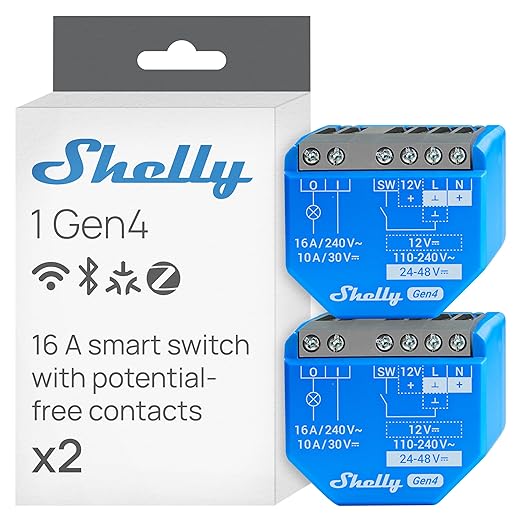 Shelly 1 Gen4 | Wi-Fi, Zigbee & Matter Smart Relay Switch with Dry Contacts, 1-Channel 16A | Home Automation | Alexa, SmartThings, Google Home, Apple HomeKit Compatible | Garage Door Opener (2 Pack)