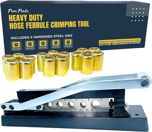 Heavy Duty Ferrule Crimping Tool Air Hose Repair Kit for 3/8, 5/16, 1/4 inch ID Hoses, Crimper w/ 5 Hardened Steel Dies & 15 Ferrules Fittings, Torch & Compressor Crimpers