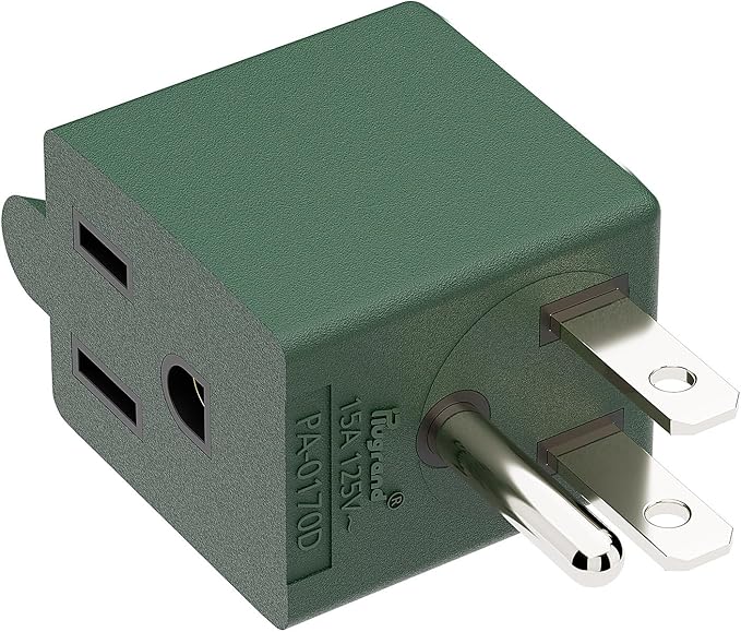 90 Degree Adapter Downward Angle USA 3-Prong Male-Female Adapter,90 Degree Angled USA Male Female Power Adapter, 5-15P to 5-15R Direction Changer Space Save Adapter Green PA-0170DG