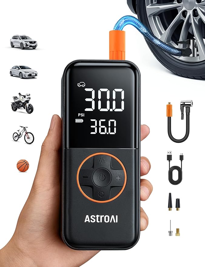 AstroAI L4 Tire Inflator Portable Air Compressor, 150PSI Portable Air Pump for Car Tires with Pressure Gauge LED Light, Electric Air Pump Quick Inflation for Cars, Motorcycles, Bikes, Tires, Balls