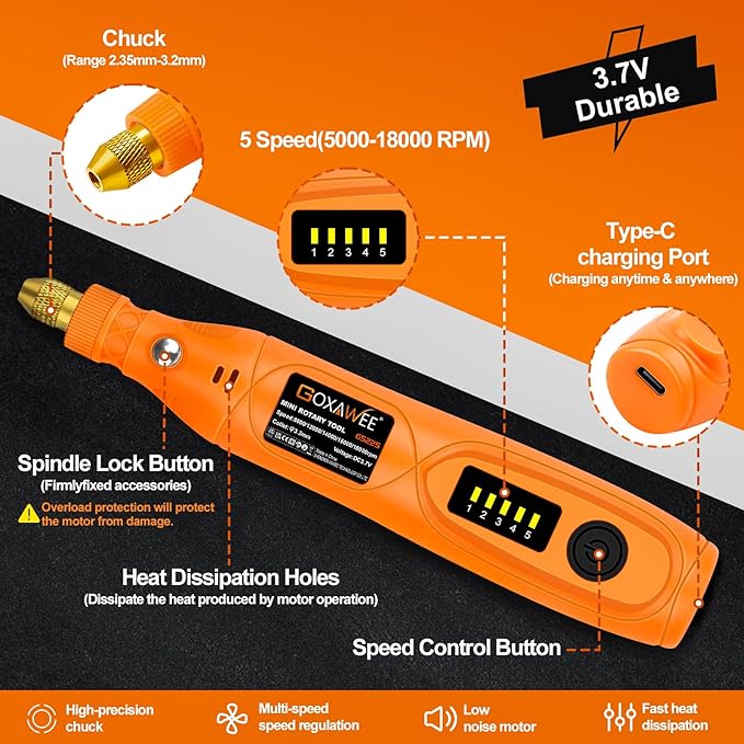 GOXAWEE Mini Cordless Rotary Tool Kit with 105pcs Accessories, USB Charging 5-Speed 18000rpm Multi-Purpose Art Craft Tool with 3.7V Li-ion Battery for Handmade Crafting and DIY Creations