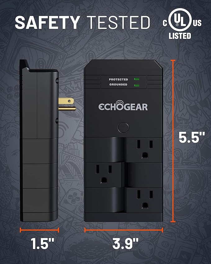 ECHOGEAR On-Wall Surge Protector with 6 Pivoting AC Outlets & 1080 Joules of Surge Protection - Low Profile Design Installs Over Existing Outlets to Protect Your Gear (Black)