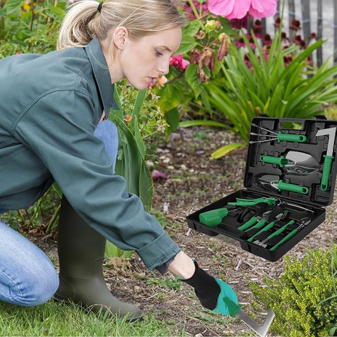 Gardening Tool Set, 11 Pieces Gardening Tools with Carrying Case, Garden Tool Kit for Digging Planting Pruning, Unique Gardening Set with Gloves for Women and Men (Green)