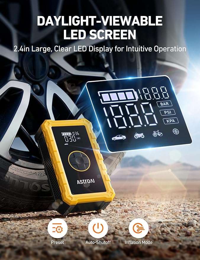 AstroAI S8 Air Jump Starter with Air Compressor, 1500A Car Battery Jumper Starter Portable (6.0 Gas/3.0L Diesel) with 150PSI Cordless Auto-Shutoff Tire Inflator, 12V Battery Charger Booster(Yellow)