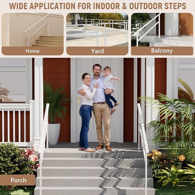 Hand Rails for Outdoor Steps,4-5 Step Railing for Stairs,Adjustable Porch Railing,Hand Rails for Seniors,Outdoor Deck Handrails for Exterior Steps,White