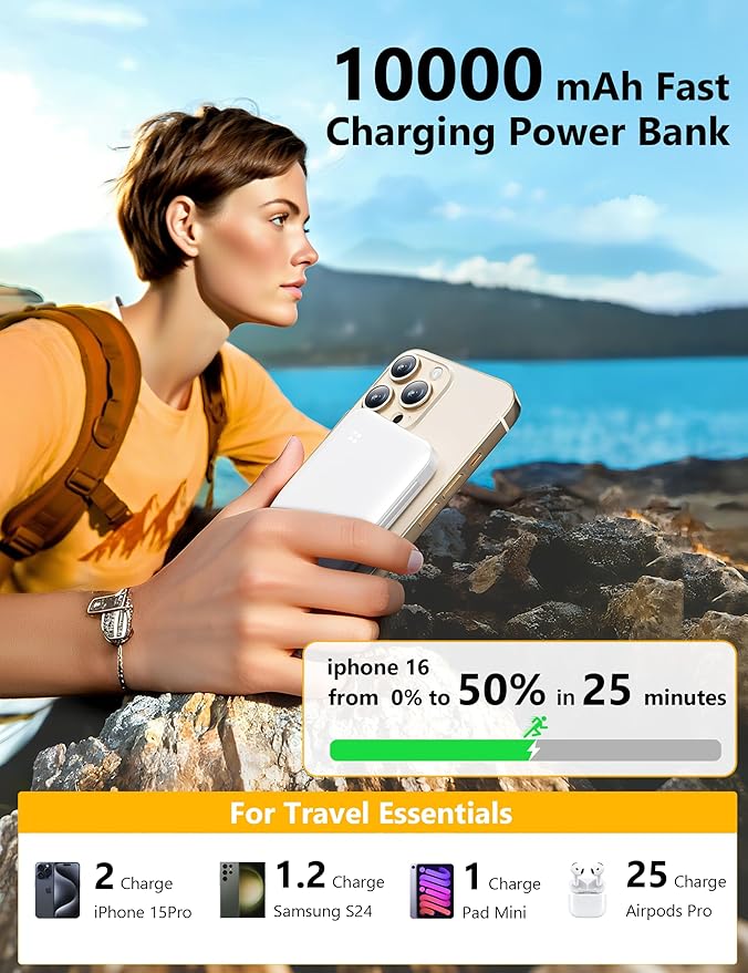 Alongza Portable Charger Built-in Cables and AC Wall Plug, Slim Fast Charging Power Bank 10000mAh, Lightweight USB C External Battery Pack Compact Travel Cell Phone Charger, 2 Pack Black & White