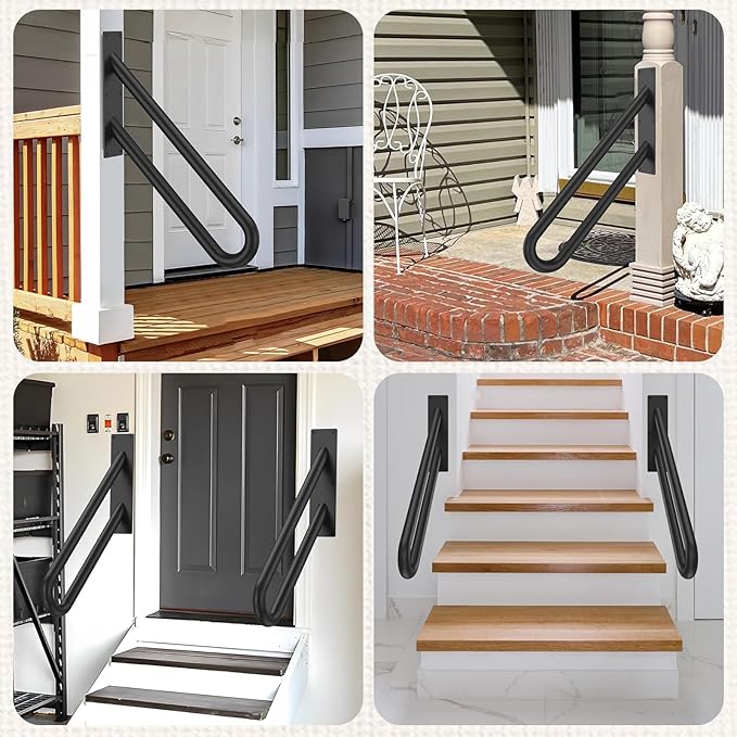 GORWARE Handrails for Outdoor Steps,28" U-Shaped Handrail Wall Mount with Matte Black Finished,1-3 Steps Railings,Safety Grab Bar for Outdoor Indoor Stairs, Garage, Porch, Toilet, Yard and Garden