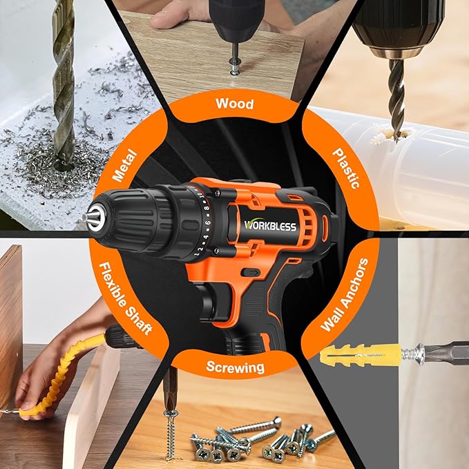 WORKBLESS 21V Power Drill Set, Cordless Drill with Battery and Charger, 3/8'' Keyless Chuck, Variable Speed, 18+1 Torque Setting and 28pcs Drilling/Driver Bits Tool Set(Orange)