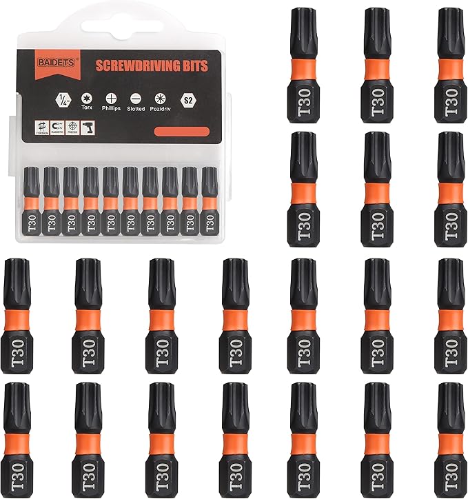 Pro T30 Bit Assortment - Screwdriver Bits Set 20Pcs, 25mm Length, Torx Screwdriver Bit, 1/4 Inch Hex Shank, with Storage Box