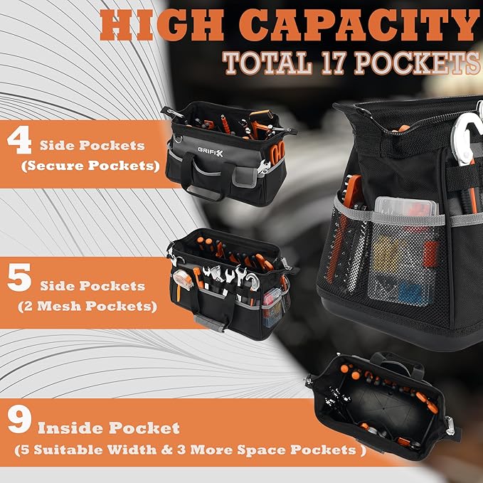 16-inch Tool Bag, Portable Tool Box Organizer Storage, Wide Mouth Tool Tote Bag with Large Zipper, 17-Pocket Adjustable Shoulder Strap and Ergonomic Handle (16" Molded Base)