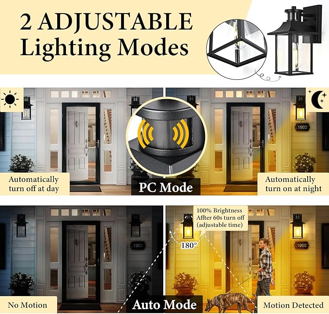 Porch Lights with Motion Sensor - Dusk to Dawn Outdoor Wall Lights, Exterior Motion Lights for House, Patio - 2Pack