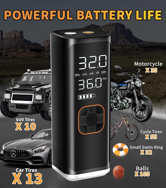 Tire Inflator Portable Air Compressor,12V DC Truck Air Pump for Car Tires,150PSI Portable Air Compressor with Pressure Gauge/LED Light,20000MAH Portable Tire Inflator for Car, Moto, Bike(Black)