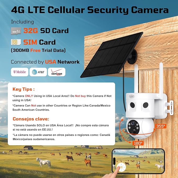 4G LTE Cellular Security Camera 180°Automatic Intrusion Detection and 360°Panoramic View Home and Outdoor Security Camera with Solar Panel, 2K Video with no-Glow Illumination at Night