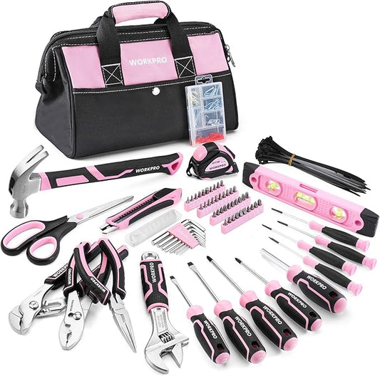 WORKPRO Pink Tool Set, 277 PCS Home Repairing Tool Kit, Pink Tool Bag with 13-Inch Wide Mouth Open Storage Bag, Portable Home Tool Kit Including Hammer, Screwdriver, and Household Tools - Pink Ribbon