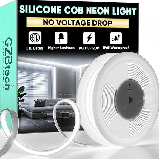 GZBtech Silicone COB Neon Rope Lights 33FT/10M, 6000K Super Bright Cold White Waterproof Neon Strip Light, AC 110-120V Flexible Soft Cuttable Tape Rope Lighting for Indoor Outdoor Home Commercial