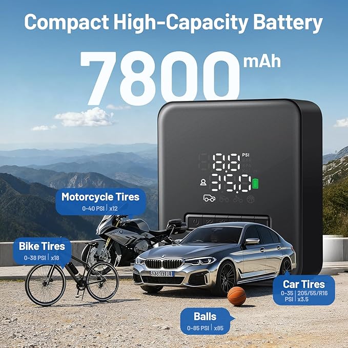 Tire Inflator Portable Air Compressor, 150PSI Air Pump with Pressure Gauge, Auto Shutoff, LED Flashlight, Car Tire Inflator for Bike, Car, Motorcycle, Ball