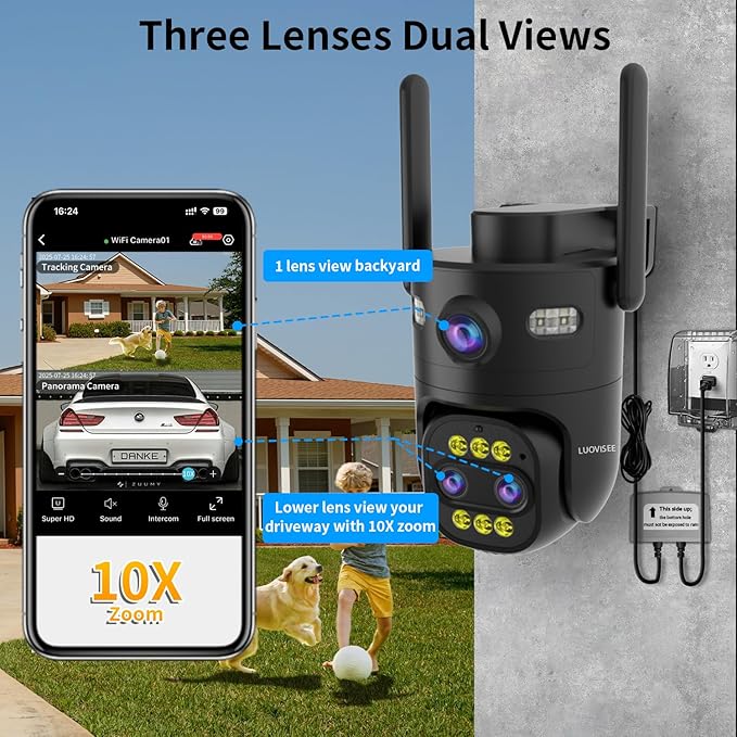 Triple-Lens Outdoor Security Camera with 10X Zoom,Wired 2.4G/5G WiFi Camera for Home Security,24/7 Continuous Recording,Plug-in Power,Auto Motion Tracking,Work With NVR/DVR Surveillance System