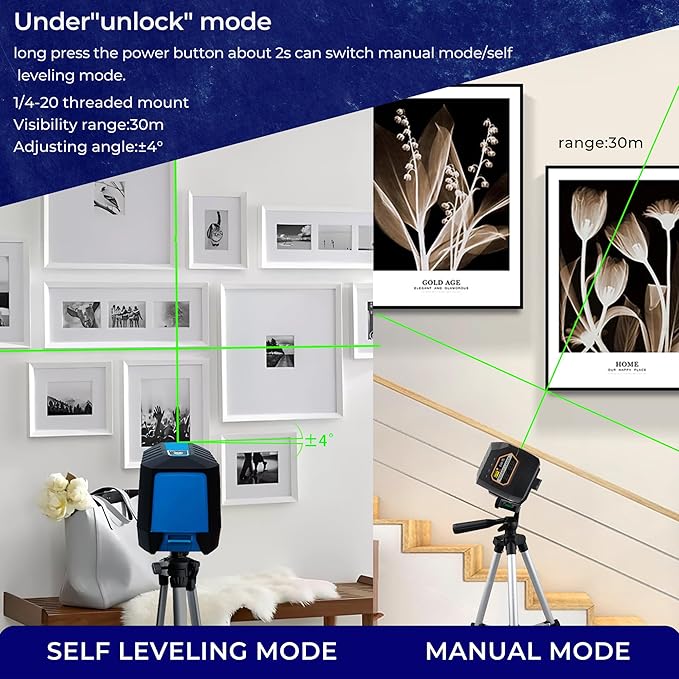 Laser Level, 100 feet Self Leveling Laser Level, Green Cross Line 360°,Laser Measuring Tool,4 Brightness Adjustment, Picture Hanging Manual Self Leveling, IP54 Waterproof Battery Carrying Bag Included
